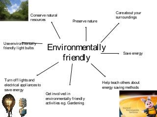 Environmentally
friendly
Careabout your
surroundings
Saveenergy
Help teach othersabout
energy saving methods
Preservenature
Conservenatural
resources
Get involved in
environmentally friendly
activitiese.g. Gardening
Turn off lightsand
electrical appliancesto
saveenergy
Useenvironmentally
friendly light bulbs
 