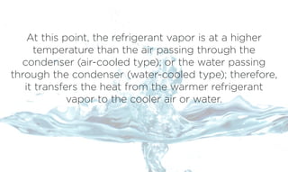 At this point, the refrigerant vapor is at a higher
temperature than the air passing through the
condenser (air-cooled type); or the water passing
through the condenser (water-cooled type); therefore,
it transfers the heat from the warmer refrigerant
vapor to the cooler air or water.
 