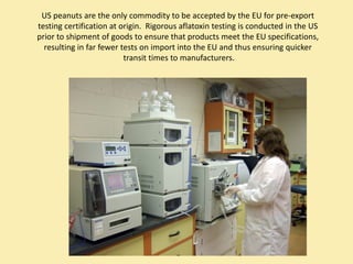 US peanuts are the only commodity to be accepted by the EU for pre‐export 
testing certification at origin.  Rigorous aflatoxin testing is conducted in the US 
prior to shipment of goods to ensure that products meet the EU specifications, 
  resulting in far fewer tests on import into the EU and thus ensuring quicker
                          transit times to manufacturers.
 