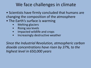 We face challenges in climate
• Scientists have firmly concluded that humans are
changing the composition of the atmosphere
• The Earth’s surface is warming
• Melting glaciers
• Rising sea levels
• Impacted wildlife and crops
• Increasingly destructive weather
Since the Industrial Revolution, atmospheric carbon
dioxide concentrations have risen by 37%, to the
highest level in 650,000 years
 
