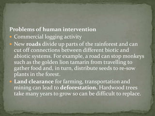 Problems of human intervention 
 Commercial logging activity 
 New roads divide up parts of the rainforest and can 
cut off connections between different biotic and 
abiotic systems. For example, a road can stop monkeys 
such as the golden lion tamarin from travelling to 
gather food and, in turn, distribute seeds to re-sow 
plants in the forest. 
 Land clearance for farming, transportation and 
mining can lead to deforestation. Hardwood trees 
take many years to grow so can be difficult to replace. 
 