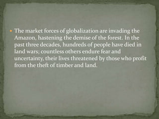  The market forces of globalization are invading the 
Amazon, hastening the demise of the forest. In the 
past three decades, hundreds of people have died in 
land wars; countless others endure fear and 
uncertainty, their lives threatened by those who profit 
from the theft of timber and land. 
 