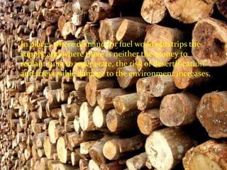  In places where demand for fuel wood outstrips the 
supply, and where there is neither the money to 
replant time to regenerate, the risk of desertification 
and irreversible damage to the environment increases. 
 