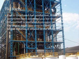  Due to its ethanol fuel production, Brazil has 
sometimes been described as a bio-energy superpower. 
Ethanol fuel is produced from sugar cane. Brazil has 
the largest sugar cane crop in the world, and is the 
largest exporter of ethanol in the world. 
 