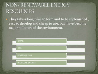  They take a long time to form and to be replenished , 
easy to develop and cheap to use, but have become 
major polluters of the environment. 
COAL 
OIL 
NATURAL GAS 
NUCLEAR ENERGY 
 