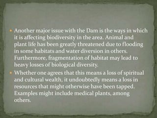  Another major issue with the Dam is the ways in which 
it is affecting biodiversity in the area. Animal and 
plant life has been greatly threatened due to flooding 
in some habitats and water diversion in others. 
Furthermore, fragmentation of habitat may lead to 
heavy losses of biological diversity. 
 Whether one agrees that this means a loss of spiritual 
and cultural wealth, it undoubtedly means a loss in 
resources that might otherwise have been tapped. 
Examples might include medical plants, among 
others. 
 