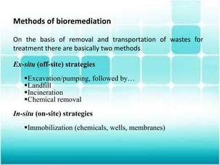Methods of bioremediation
On the basis of removal and transportation of wastes for
treatment there are basically two methods
Ex-situ (off-site) strategies
Excavation/pumping, followed by…
Landfill
Incineration
Chemical removal
In-situ (on-site) strategies
Immobilization (chemicals, wells, membranes)
 