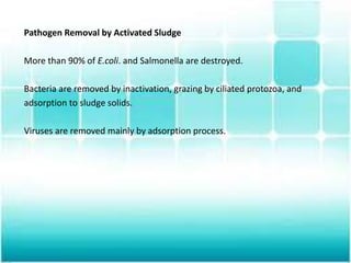 Pathogen Removal by Activated Sludge
More than 90% of E.coli. and Salmonella are destroyed.
Bacteria are removed by inactivation, grazing by ciliated protozoa, and
adsorption to sludge solids.
Viruses are removed mainly by adsorption process.
 
