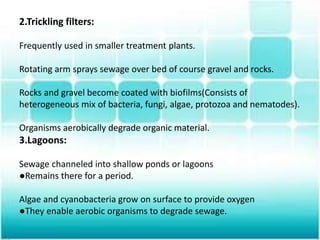 2.Trickling filters:
Frequently used in smaller treatment plants.
Rotating arm sprays sewage over bed of course gravel and rocks.
Rocks and gravel become coated with biofilms(Consists of
heterogeneous mix of bacteria, fungi, algae, protozoa and nematodes).
Organisms aerobically degrade organic material.
3.Lagoons:
Sewage channeled into shallow ponds or lagoons
●Remains there for a period.
Algae and cyanobacteria grow on surface to provide oxygen
●They enable aerobic organisms to degrade sewage.
 