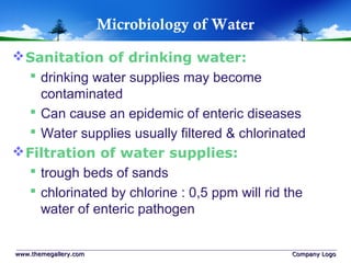 Microbiology of Water
Sanitation of drinking water:
 drinking water supplies may become
contaminated
 Can cause an epidemic of enteric diseases
 Water supplies usually filtered & chlorinated
Filtration of water supplies:
 trough beds of sands
 chlorinated by chlorine : 0,5 ppm will rid the
water of enteric pathogen
www.themegallery.comwww.themegallery.com Company LogoCompany Logo
 