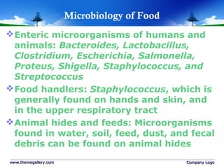 Microbiology of Food
Enteric microorganisms of humans and
animals: Bacteroides, Lactobacillus,
Clostridium, Escherichia, Salmonella,
Proteus, Shigella, Staphylococcus, and
Streptococcus
Food handlers: Staphylococcus, which is
generally found on hands and skin, and
in the upper respiratory tract
Animal hides and feeds: Microorganisms
found in water, soil, feed, dust, and fecal
debris can be found on animal hides
www.themegallery.comwww.themegallery.com Company LogoCompany Logo
 