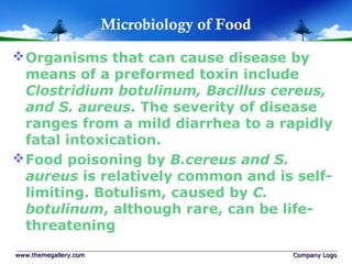 Microbiology of Food
Organisms that can cause disease by
means of a preformed toxin include
Clostridium botulinum, Bacillus cereus,
and S. aureus. The severity of disease
ranges from a mild diarrhea to a rapidly
fatal intoxication.
Food poisoning by B.cereus and S.
aureus is relatively common and is self-
limiting. Botulism, caused by C.
botulinum, although rare, can be life-
threatening
www.themegallery.comwww.themegallery.com Company LogoCompany Logo
 