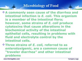 Microbiology of Food
A commonly seen cause of the diarrhea and
intestinal infection is E. coli. This organism
is a member of the intestinal flora;
however, some strains of E. coli produce
cytotoxins that cause alterations in the
biochemical activity of the intestinal
epithelial cells, resulting in problems with
fluid and electrolyte control by the
intestinal cells.
Three strains of E. coli, referred to as
enterotoxigenic, are a common cause of
“traveler diarrhea” and other intestinal
problems
www.themegallery.comwww.themegallery.com Company LogoCompany Logo
 