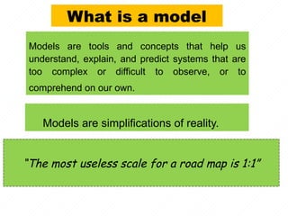 Models are tools and concepts that help us
understand, explain, and predict systems that are
too complex or difficult to observe, or to
comprehend on our own.
“The most useless scale for a road map is 1:1”
What is a model
Models are simplifications of reality.
 