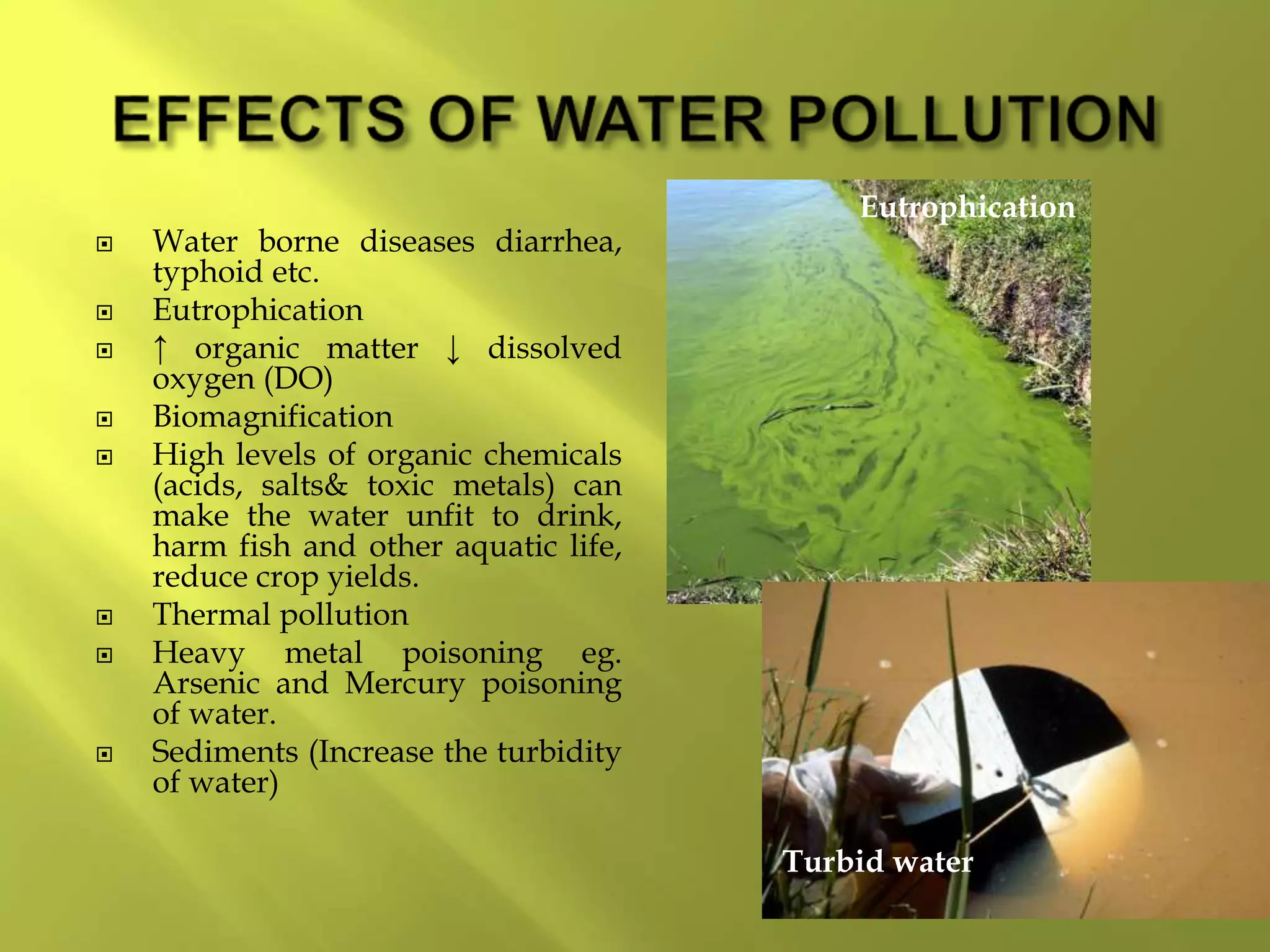  Water borne diseases diarrhea,
typhoid etc.
 Eutrophication
 ↑ organic matter ↓ dissolved
oxygen (DO)
 Biomagnification
 High levels of organic chemicals
(acids, salts& toxic metals) can
make the water unfit to drink,
harm fish and other aquatic life,
reduce crop yields.
 Thermal pollution
 Heavy metal poisoning eg.
Arsenic and Mercury poisoning
of water.
 Sediments (Increase the turbidity
of water)
Turbid water
Eutrophication
 