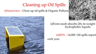 Cleaning up Oil Spills
i)Nanowires – Clean up oil spills & Organic Pollutant.
ii)Form mesh absorbs 20x its weight i
hydrophobic liquids.
iii)EPA – 14,000 Oil spills report
each year.
 