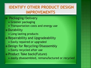  Packaging/Delivery 
 Greener packaging 
 Transportation costs and energy use 
 Durability 
 Long lasting products 
 Repairability and Upgradeability 
 Easily repaired or upgraded 
 Design for Recycling/Disassembly 
 Easily recycled after use 
 Product Take back(Future) 
 easily disassembled, remanufactured or recycled 
 