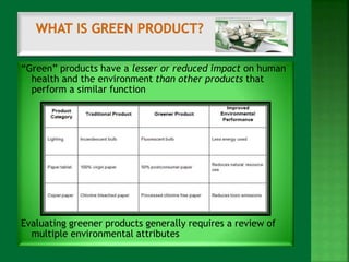 “Green” products have a lesser or reduced impact on human 
health and the environment than other products that 
perform a similar function 
Evaluating greener products generally requires a review of 
multiple environmental attributes 
 