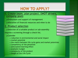 1. Create team, plan project, SWOT drivers, 
company goals 
 Enthusiasm and support of management 
 Allocation of financial resources and when to do 
2. Product selection 
 Selection of a suitable product or sub-assembly 
requires a screening through a check-list. 
 Consider 
 reduction in environmental and social impact 
 market potential 
 the match between life cycle gains and market potentials 
 competency of the personnel 
 anticipated learning effect 
 available budget 
 complexity of the product 
 length of the Life Cycle 
 
