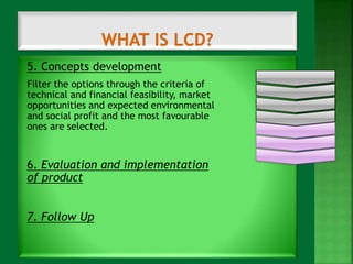 5. Concepts development 
Filter the options through the criteria of 
technical and financial feasibility, market 
opportunities and expected environmental 
and social profit and the most favourable 
ones are selected. 
6. Evaluation and implementation 
of product 
7. Follow Up 
 
