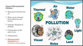 Causes of Environmental
Pollution:-
 Toxic gases released into
air.
 Waste water released
from industries and
houses.
 Improper dumping of
garbage.
 Cutting down of the
green cover.
 Urbanization.
 Pharmaceutical
chemicals from
industries and hospitals.
 