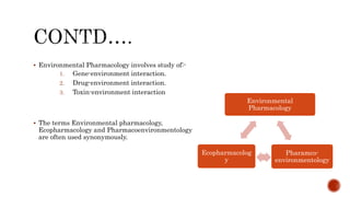  Environmental Pharmacology involves study of:-
1. Gene-environment interaction.
2. Drug-environment interaction.
3. Toxin-environment interaction
 The terms Environmental pharmacology,
Ecopharmacology and Pharmacoenvironmentology
are often used synonymously.
Environmental
Pharmacology
Pharamco-
environmentology
Ecopharmacolog
y
 