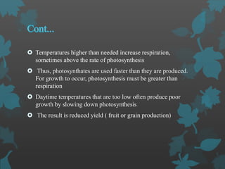  Temperatures higher than needed increase respiration,
sometimes above the rate of photosynthesis
 Thus, photosynthates are used faster than they are produced.
For growth to occur, photosynthesis must be greater than
respiration
 Daytime temperatures that are too low often produce poor
growth by slowing down photosynthesis
 The result is reduced yield ( fruit or grain production)
 