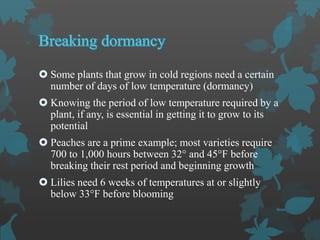 Some plants that grow in cold regions need a certain
number of days of low temperature (dormancy)
 Knowing the period of low temperature required by a
plant, if any, is essential in getting it to grow to its
potential
 Peaches are a prime example; most varieties require
700 to 1,000 hours between 32° and 45°F before
breaking their rest period and beginning growth
 Lilies need 6 weeks of temperatures at or slightly
below 33°F before blooming
 