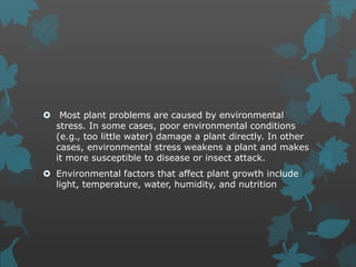  Most plant problems are caused by environmental
stress. In some cases, poor environmental conditions
(e.g., too little water) damage a plant directly. In other
cases, environmental stress weakens a plant and makes
it more susceptible to disease or insect attack.
 Environmental factors that affect plant growth include
light, temperature, water, humidity, and nutrition
 