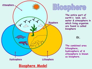 Atmosphere
Hydrosphere Lithosphere
Biosphere
The entire part of
earth's land, soil,
water & atmosphere in
which living organism
are found is called
biosphere
Or
The combined area
lithosphere,
hydrosphere of &
atmosphere is known
as biosphere.
Biosphere Model
 