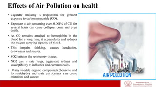Effects of Air Pollution on health
• Cigarette smoking is responsible for greatest
exposure to carbon monoxide (CO).
• Exposure to air containing even 0.001% of CO for
several hours can cause collapse, coma and even
death.
• As CO remains attached to hemoglobin in the
blood for a long time, it accumulates and reduces
the oxygen carrying capacity of blood.
• This impairs thinking, causes headaches,
drowsiness and nausea.
• SO2 irritates the respiratory tissues.
• NO2 can irritate lungs, aggravate asthma and
susceptibility to influenza and common colds.
• Many volatile organic compounds (benzene and
formaldehyde) and toxic particulates can cause
mutations and cancer.
 