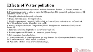 Effects of Water pollution
1. Large amount of human waste in water increase the number diseases i.e., diarrhea, typhoid etc.
2. If more organic matter is added to water the O2 is used up. This causes fish and other forms of O2
dependent aquatic life dies.
3. Eutrophication due to inorganic pollutants.
4. Excess pesticides cause Biomagnification.
5. High levels of organic chemicals (acids, salts& toxic metals) can make the water unfit to drink,
harm fish and other aquatic life, reduce crop yields
6. Variety of organic chemicals / oil gasoline, plastics detergents) are harmful to aquatic life and
human life
7. Sediments (erosion), clog the lakes and artificial reservoirs
8. Radioisotopes cause birth defects, cancer and genetic damage.
9. Hot water cause thermal pollution
10. Hot water because of thermal pollution not only decrease the solubility of O2 but also changes
the breeding cycles of various aquatic organisms.
11. Accidental oil spills cause environmental damage.
 