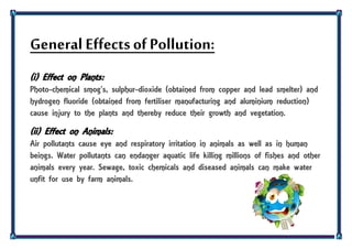 General Effectsof Pollution:
(i) Effect on Plants:
Photo-chemical smog’s, sulphur-dioxide (obtained from copper and lead smelter) and
hydrogen fluoride (obtained from fertiliser manufacturing and aluminium reduction)
cause injury to the plants and thereby reduce their growth and vegetation.
(ii) Effect on Animals:
Air pollutants cause eye and respiratory irritation in animals as well as in human
beings. Water pollutants can endanger aquatic life killing millions of fishes and other
animals every year. Sewage, toxic chemicals and diseased animals can make water
unfit for use by farm animals.
 