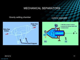 MECHANICAL SEPARATORS


     Gravity settling chamber        cyclone separator




09/12/12                                                 11
 