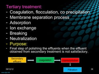 Tertiary treatment:
- Coagulation, flocculation, co precipitation
- Membrane separation process
- Adsorption
- Ion exchange
- Breaking
- Neutralization
- Purpose:
- Final step of polishing the effluents when the effluent
  obtained from secondary treatment is not satisfactory.

     Secondary
                      coagulation     coprecipitation
      effluent


09/12/12                                   Filtration       38
 