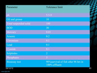 Parameter               Tolerance limit

ph                      5.5-9
Oil and grease          10
Total suspended solid   100
BOD                     30
Mercury                 0.01
Arsenic                 0.2
Chromium                0.1
Lead                    0.1
Cyanide                 0.1
Sulphides               2
Phosphates              5
Bioassay test           90%survival of fish after 96 hrs in
                        100% effluent
09/12/12                                                      43
 