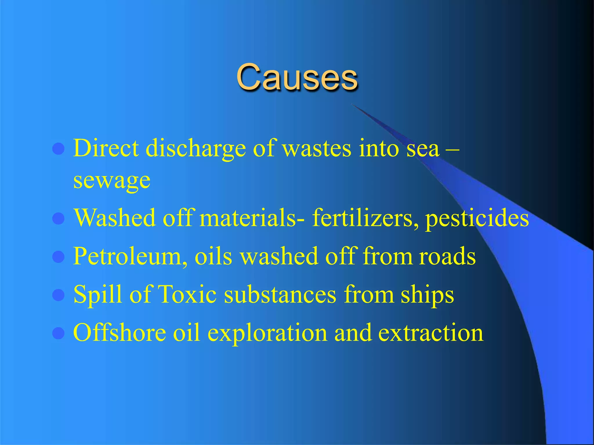 Causes
 Direct discharge of wastes into sea –
sewage
 Washed off materials- fertilizers, pesticides
 Petroleum, oils washed off from roads
 Spill of Toxic substances from ships
 Offshore oil exploration and extraction
 