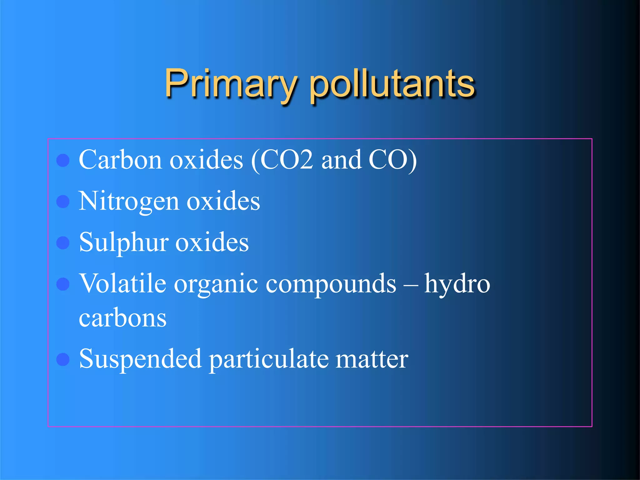 Primary pollutants
 Carbon oxides (CO2 and CO)
 Nitrogen oxides
 Sulphur oxides
 Volatile organic compounds – hydro
carbons
 Suspended particulate matter
 