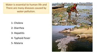 Water is essential to human life and
There are many diseases caused by
water pollution.
1- Cholera
2- Diarrhea
3- Hepatitis
4- Typhoid Fever
5- Malaria
 