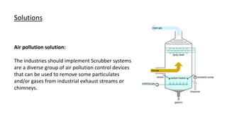 Solutions
Air pollution solution:
The industries should implement Scrubber systems
are a diverse group of air pollution control devices
that can be used to remove some particulates
and/or gases from industrial exhaust streams or
chimneys.
 