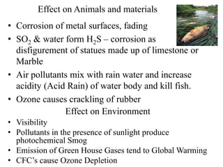 Effect on Animals and materials
• Corrosion of metal surfaces, fading
• SO2 & water form H2S – corrosion as well as
disfigurement of statues made up of limestone or
Marble
• Air pollutants mix with rain water and increase
acidity (Acid Rain) of water body and kill fish.
• Ozone causes crackling of rubber
Effect on Environment
• Visibility
• Pollutants in the presence of sunlight produce
photochemical Smog
• Emission of Green House Gases tend to Global Warming
• CFC’s cause Ozone Depletion
 