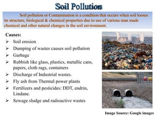 Causes:
 Soil erosion
 Dumping of wastes causes soil pollution
 Garbage
 Rubbish like glass, plastics, metallic cans,
papers, cloth rags, containers
 Discharge of Industrial wastes.
 Fly ash from Thermal power plants
 Fertilizers and pesticides: DDT, endrin,
Lindane.
 Sewage sludge and radioactive wastes
Image Source: Google images
 
