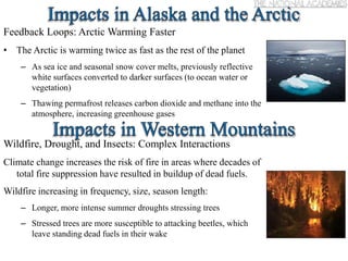 Feedback Loops: Arctic Warming Faster
• The Arctic is warming twice as fast as the rest of the planet
– As sea ice and seasonal snow cover melts, previously reflective
white surfaces converted to darker surfaces (to ocean water or
vegetation)
– Thawing permafrost releases carbon dioxide and methane into the
atmosphere, increasing greenhouse gases
Wildfire, Drought, and Insects: Complex Interactions
Climate change increases the risk of fire in areas where decades of
total fire suppression have resulted in buildup of dead fuels.
Wildfire increasing in frequency, size, season length:
– Longer, more intense summer droughts stressing trees
– Stressed trees are more susceptible to attacking beetles, which
leave standing dead fuels in their wake
 