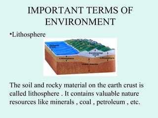 IMPORTANT TERMS OF
ENVIRONMENT
•Lithosphere
The soil and rocky material on the earth crust is
called lithosphere . It contains valuable nature
resources like minerals , coal , petroleum , etc.
 