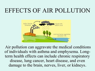 EFFECTS OF AIR POLLUTION
Air pollution can aggravate the medical conditions
of individuals with asthma and emphysema. Long-
term health effects can include chronic respiratory
disease, lung cancer, heart disease, and even
damage to the brain, nerves, liver, or kidneys.
 