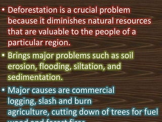 • Deforestation is a crucial problem
  because it diminishes natural resources
  that are valuable to the people of a
  particular region.
• Brings major problems such as soil
  erosion, flooding, siltation, and
  sedimentation.
• Major causes are commercial
  logging, slash and burn
  agriculture, cutting down of trees for fuel
 