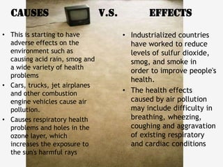 Causes                        V.S.          effects
• This is starting to have             • Industrialized countries
  adverse effects on the                 have worked to reduce
  environment such as                    levels of sulfur dioxide,
  causing acid rain, smog and            smog, and smoke in
  a wide variety of health
                                         order to improve people's
  problems
                                         health.
• Cars, trucks, jet airplanes
  and other combustion                 • The health effects
  engine vehicles cause air              caused by air pollution
  pollution.                             may include difficulty in
• Causes respiratory health              breathing, wheezing,
  problems and holes in the              coughing and aggravation
  ozone layer, which                     of existing respiratory
  increases the exposure to              and cardiac conditions
  the sun's harmful rays
 