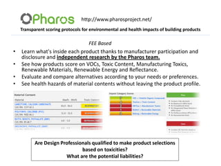 http://www.pharosproject.net/
    Transparent scoring protocols for environmental and health impacts of building products

                                     FEE Based
•   Learn what's inside each product thanks to manufacturer participation and
    disclosure and independent research by the Pharos team.
•   See how products score on VOCs, Toxic Content, Manufacturing Toxics,
    Renewable Materials, Renewable Energy and Reflectance.
•   Evaluate and compare alternatives according to your needs or preferences.
•   See health hazards of material contents without leaving the product profile.




          Are Design Professionals qualified to make product selections
                              based on toxicities?
                       What are the potential liabilities?
 