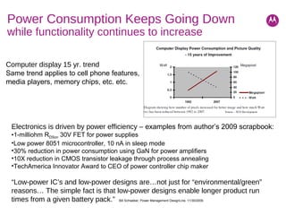 Power Consumption Keeps Going Down
while functionality continues to increase
Computer display 15 yr. trend
Same trend applies to cell phone features,
media players, memory chips, etc. etc.
Electronics is driven by power efficiency – examples from author’s 2009 scrapbook:
•1-milliohm RDSon 30V FET for power supplies
•Low power 8051 microcontroller, 10 nA in sleep mode
•30% reduction in power consumption using GaN for power amplifiers
•10X reduction in CMOS transistor leakage through process annealing
•TechAmerica Innovator Award to CEO of power controller chip maker
“Low-power IC’s and low-power designs are…not just for “environmental/green”
reasons… The simple fact is that low-power designs enable longer product run
times from a given battery pack.” Bill Schweber, Power Management DesignLine, 11/30/2009.
 