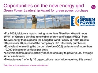 Opportunities on the new energy grid
Green Power Leadership Award for green power purchase
•For 2009, Motorola is purchasing more than 78 million kilowatt hours
(kWh) of Green-e certified renewable energy certificates (RECs) from
NativeEnergy that supports the Langdon Wind Facility in North Dakota
•Represents 20 percent of the company’s U.S. electricity purchases
•Equivalent to avoiding the carbon dioxide (CO2) emissions of more than
10,000 passenger vehicles per year;
•Equivalent amount of electricity needed annually to power 8,000 average
American homes
•Motorola was 1 of only 10 organizations nationwide receiving this award
See other actions and awards at www.motorola.com
 